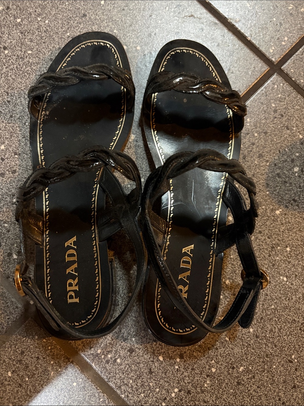 Prada Black Braided-Strap Sandals with Gold Accents